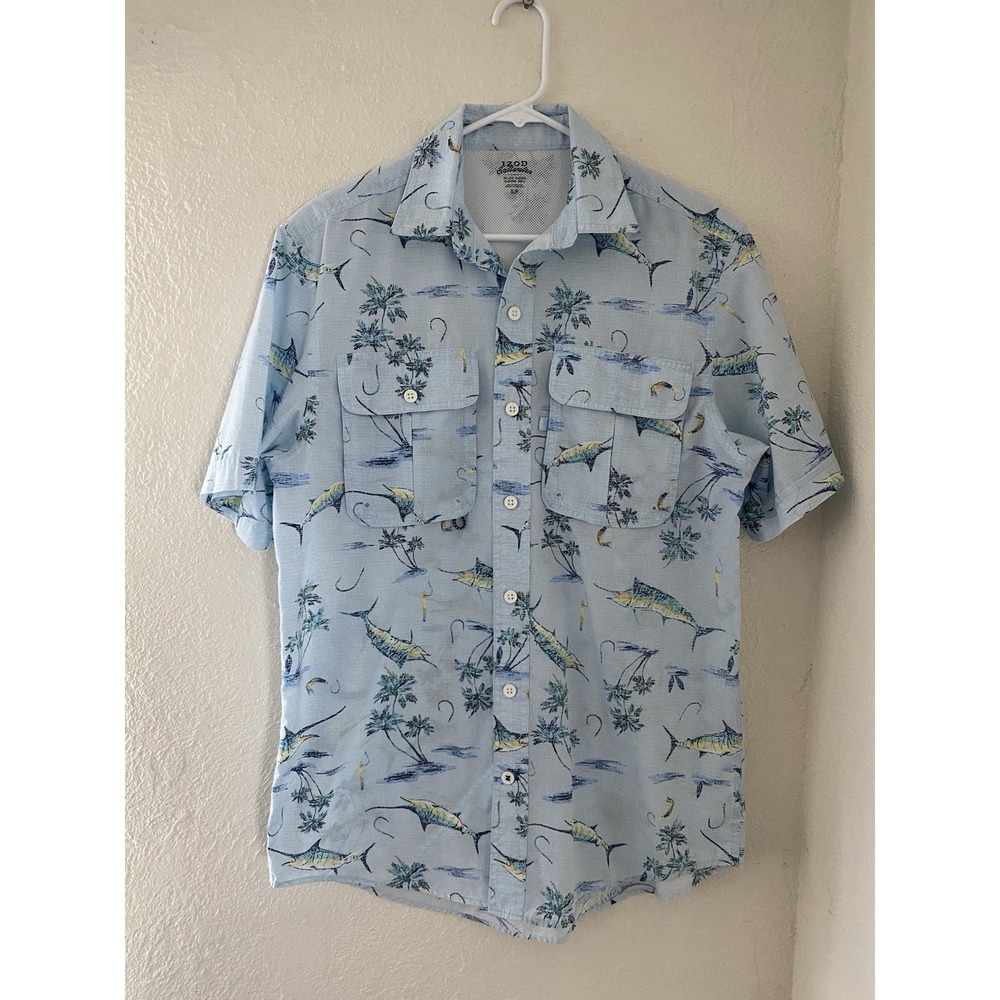 IZOD Saltwater Mens Hawaiian Shirt Blue Marlin Lite Vented Quick Dry Size Medium